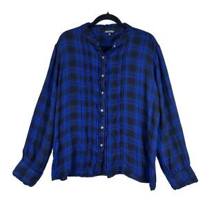 Hannah Ruffle Neck Line Size XL‎ Blue Button Down Long Sleeve Plaid Top Career